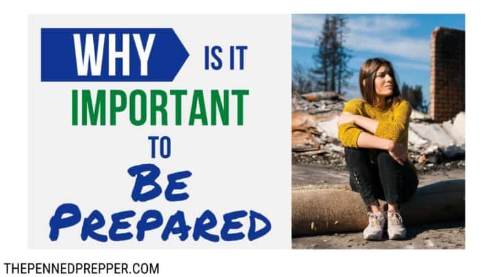 Woman sitting on the curb in front of a natural disaster learning how to be prepared