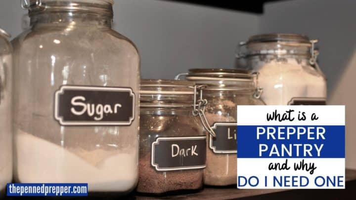 Storage jars filled with baking supplies in a prepper pantry