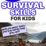 campfire in the mountains by a lake as an example of survival skills for kids