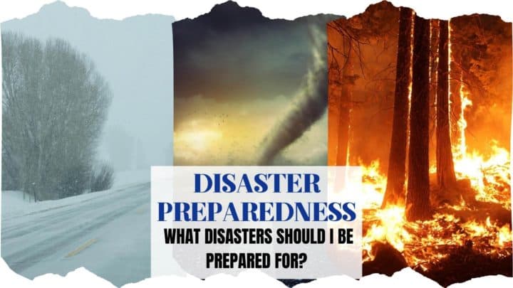 Image of a wildfire, a snowstorm, and a tornado with an article on disaster preparedness