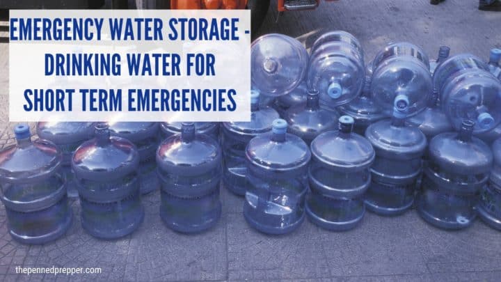 rows of 5 gallon water jugs for emergency water storage