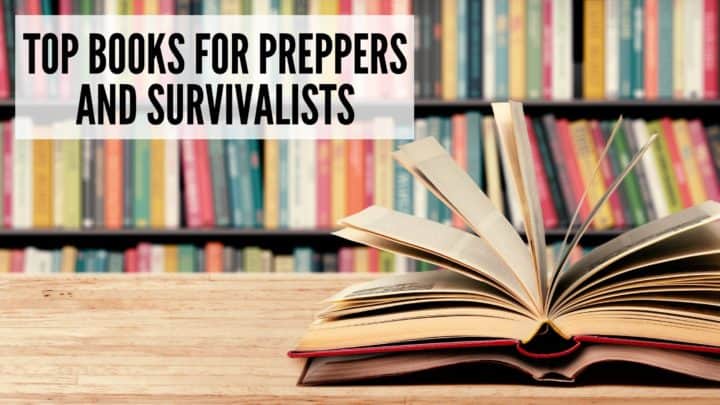 open book for preppers on the table with more books for preppers on shelves in the back
