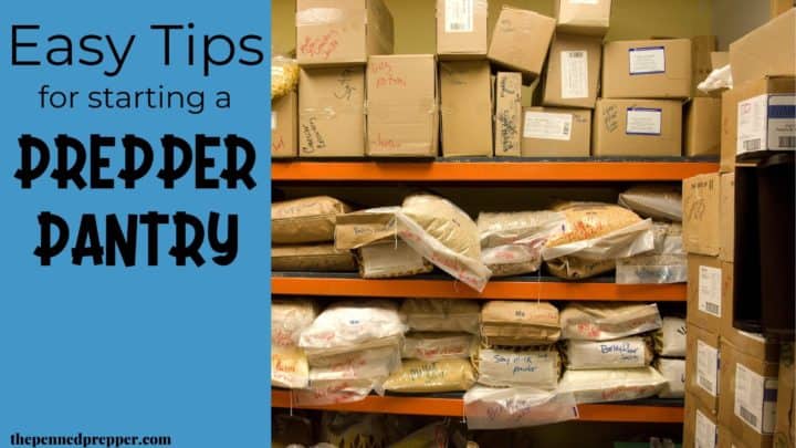 shelves with food storage on a beginner prepper pantry